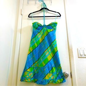 Roxy Tie-Neck Halter Dress Smocked Back Fully Lined Lightweight Blue/Green Small